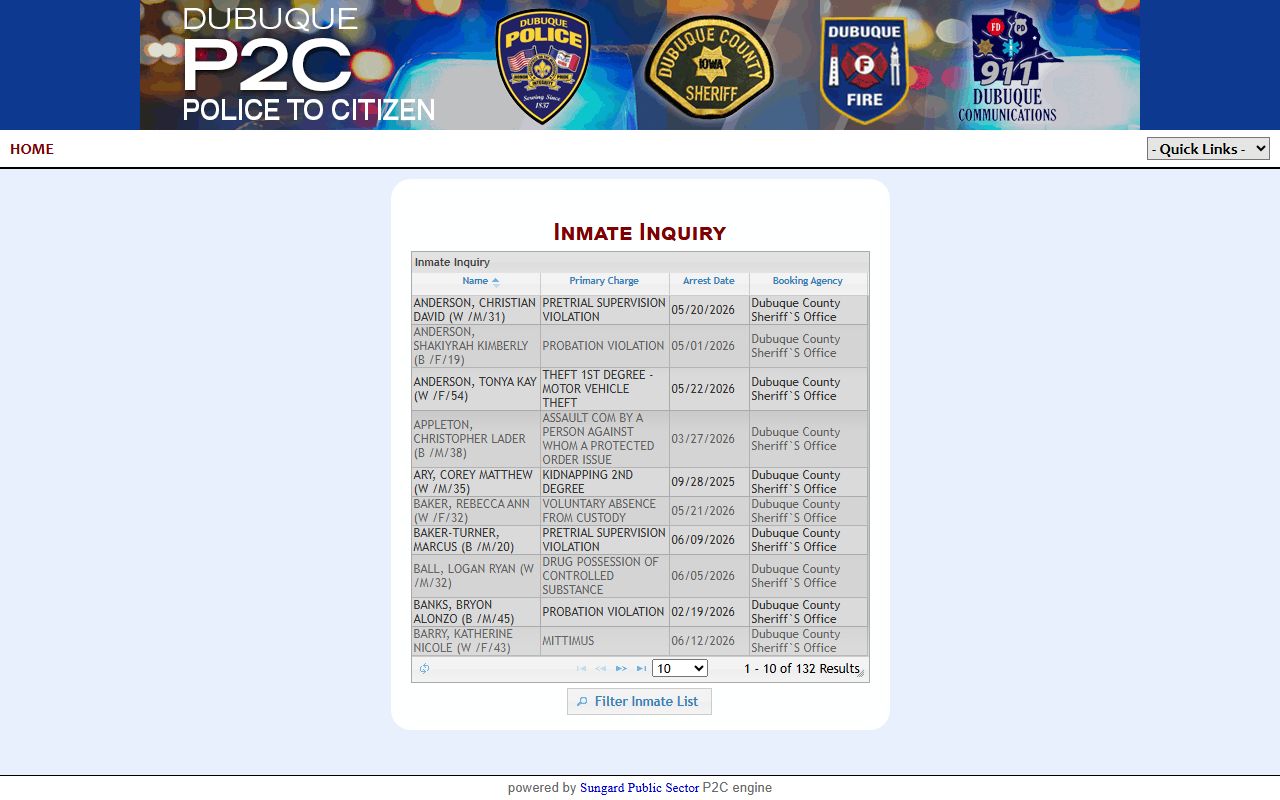 Dubuque County Jail P2C Inmate Inquiry roster search