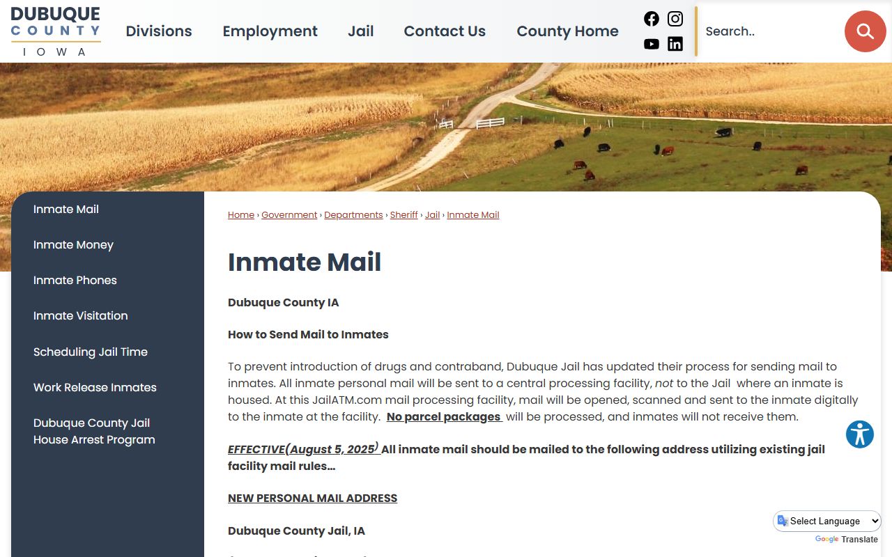 Dubuque County Jail inmate mail processing address for JailATM