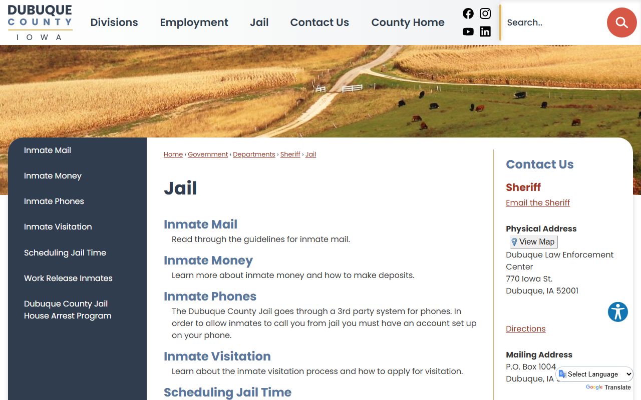 Dubuque County Jail services page for inmate population services
